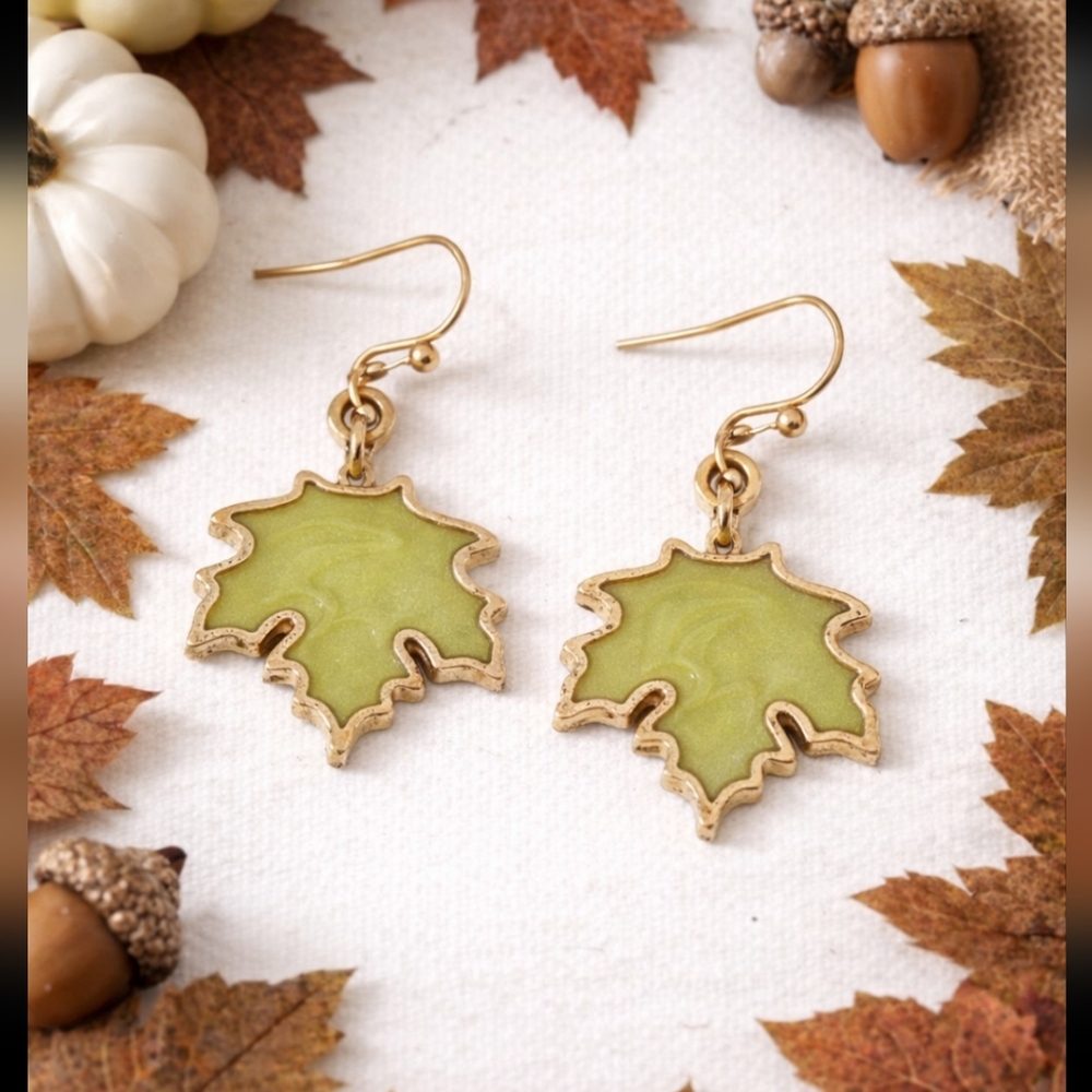 Green Maple Leaf Dangle Earrings Enamel Gold Fall Thanksgiving Autumn - Picture 4 of 5